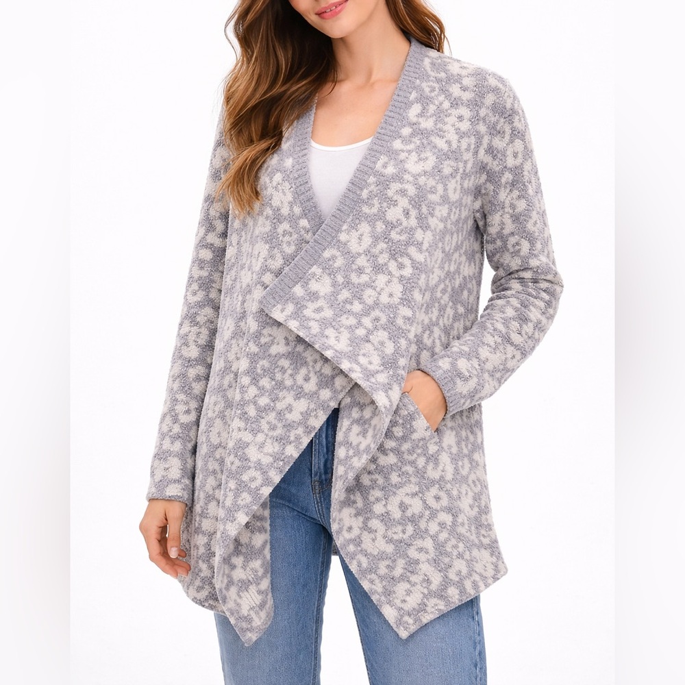 UGG Phoebe Wrap Cardigan | Gray Leopard | Open Front | Fluffy Knit | Small